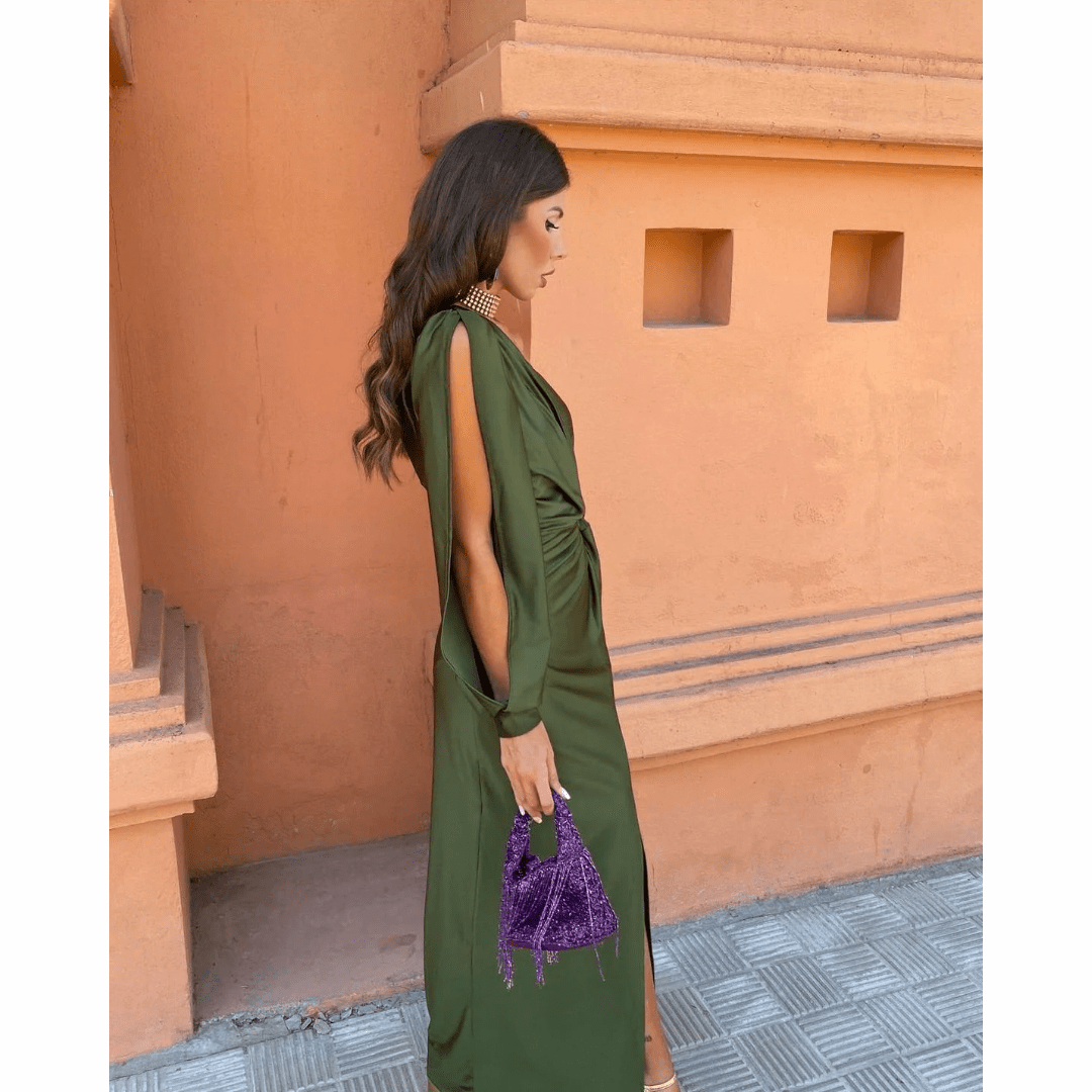 Chic one-shoulder evening gown; a glamorous maxi dress for wedding guests, galas & formal events.