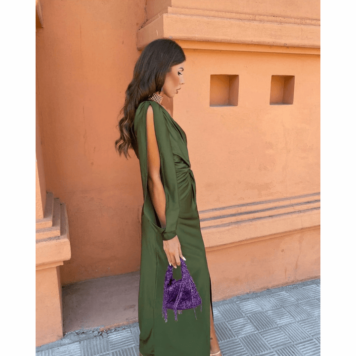 Chic one-shoulder evening gown; a glamorous maxi dress for wedding guests, galas & formal events.
