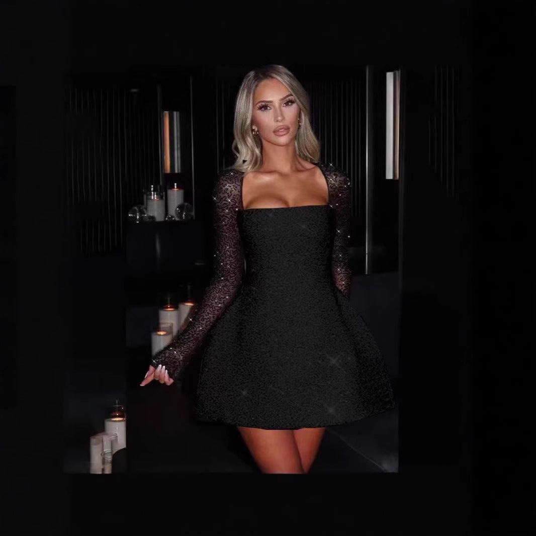 Glamorous women's mini dress with sheer sleeves, tailored fit, perfect for elegant evening parties & special occasions.