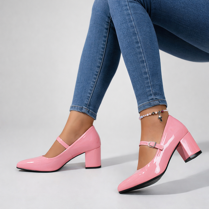 Women's black glossy block heel Mary Jane pumps, side view, comfortable and stylish.
