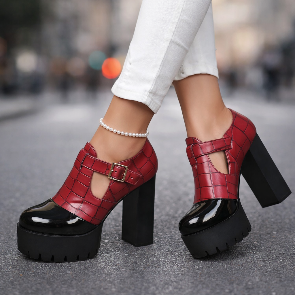 Glossy black platform heels for women with a stable block heel and chic cutout design, perfect for evening wear.