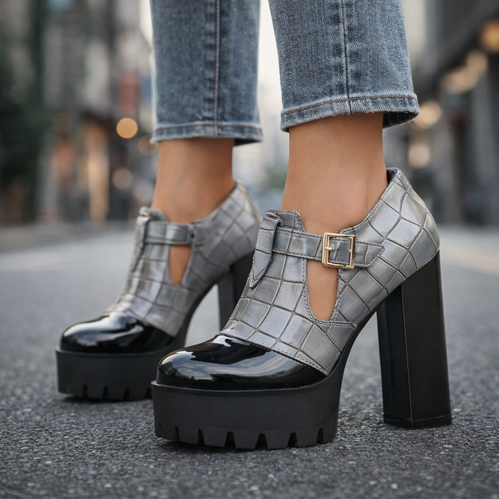 Elegant women's dress shoes: glossy platform heels with a chic cutout pattern and comfortable, stable block heel.