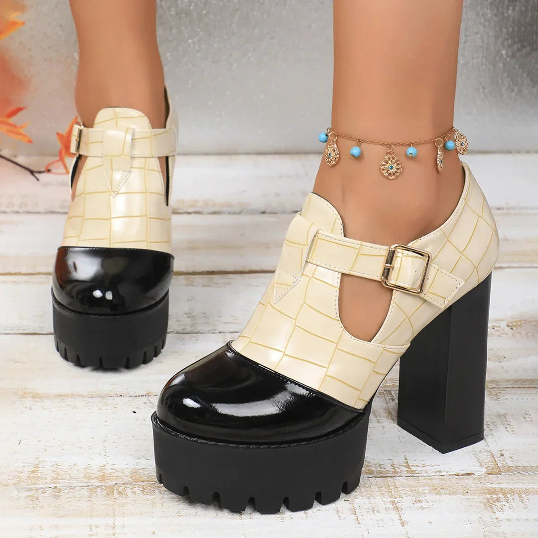 Contemporary glossy platform heels for women, featuring a bold cutout detail and a comfortable, block heel.