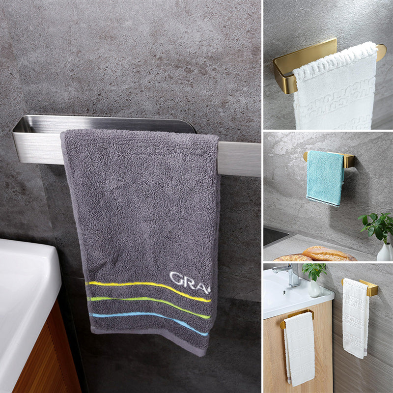 Black adhesive stainless steel towel rack, ideal for modern bathroom decor.