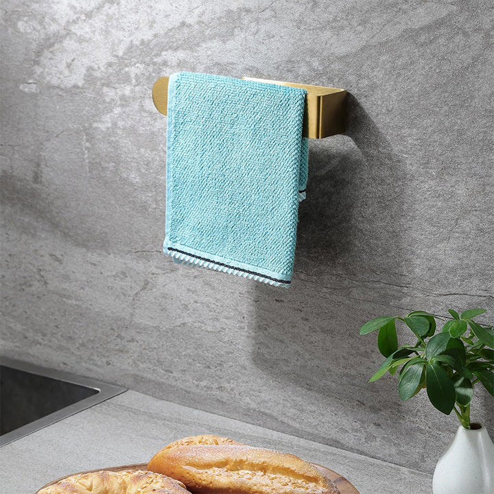 Modern adhesive towel rack, black stainless steel, easy installation for bathrooms.