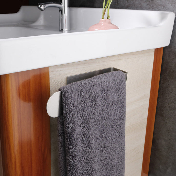 Black adhesive stainless steel towel bar, durable, great for bathroom or kitchen.