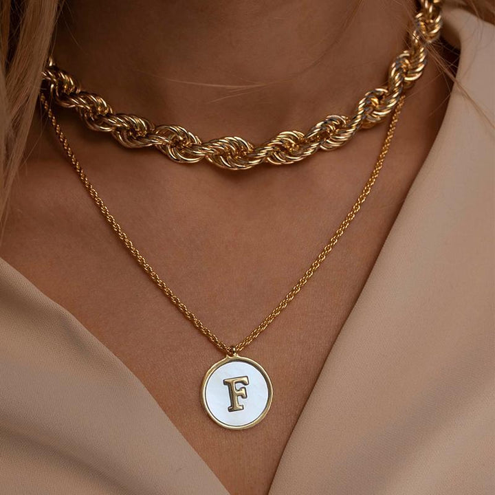 Women's personalized initial necklace, 'J' on a round shell pendant, gold-tone stainless steel, elegant gift for her