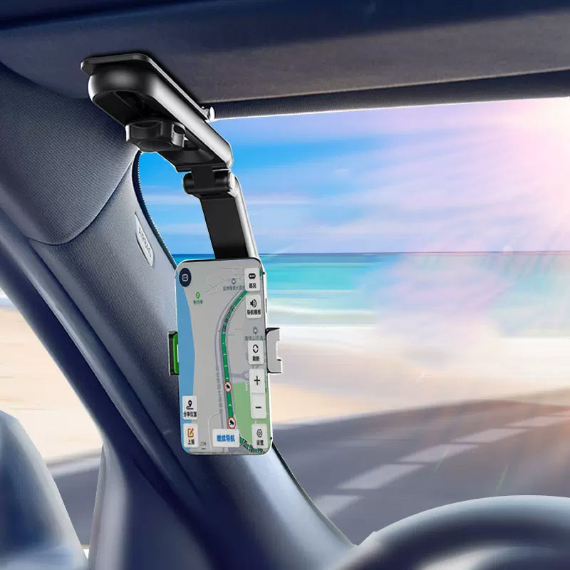 Universal car phone holder in gray, securely clipped onto a sun visor, ready for use.