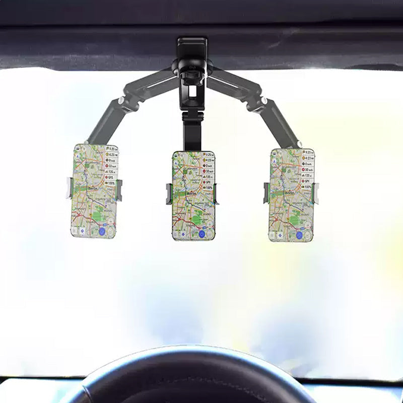 Green accents on a multifunctional car phone mount, 360° rotating for optimal viewing.