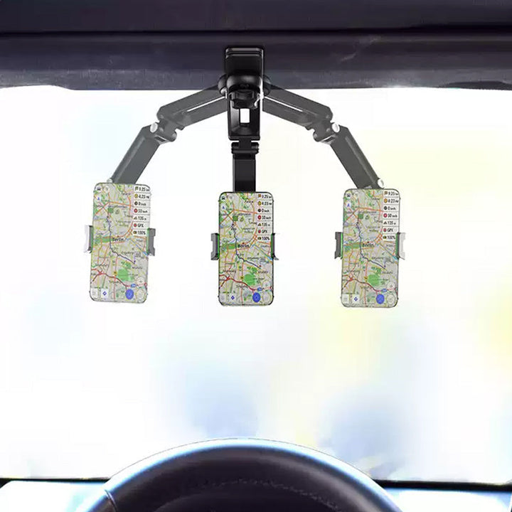 Green accents on a multifunctional car phone mount, 360° rotating for optimal viewing.