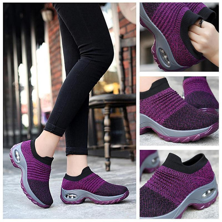 Black women's walking shoes from above, emphasizing the comfortable air cushion design.