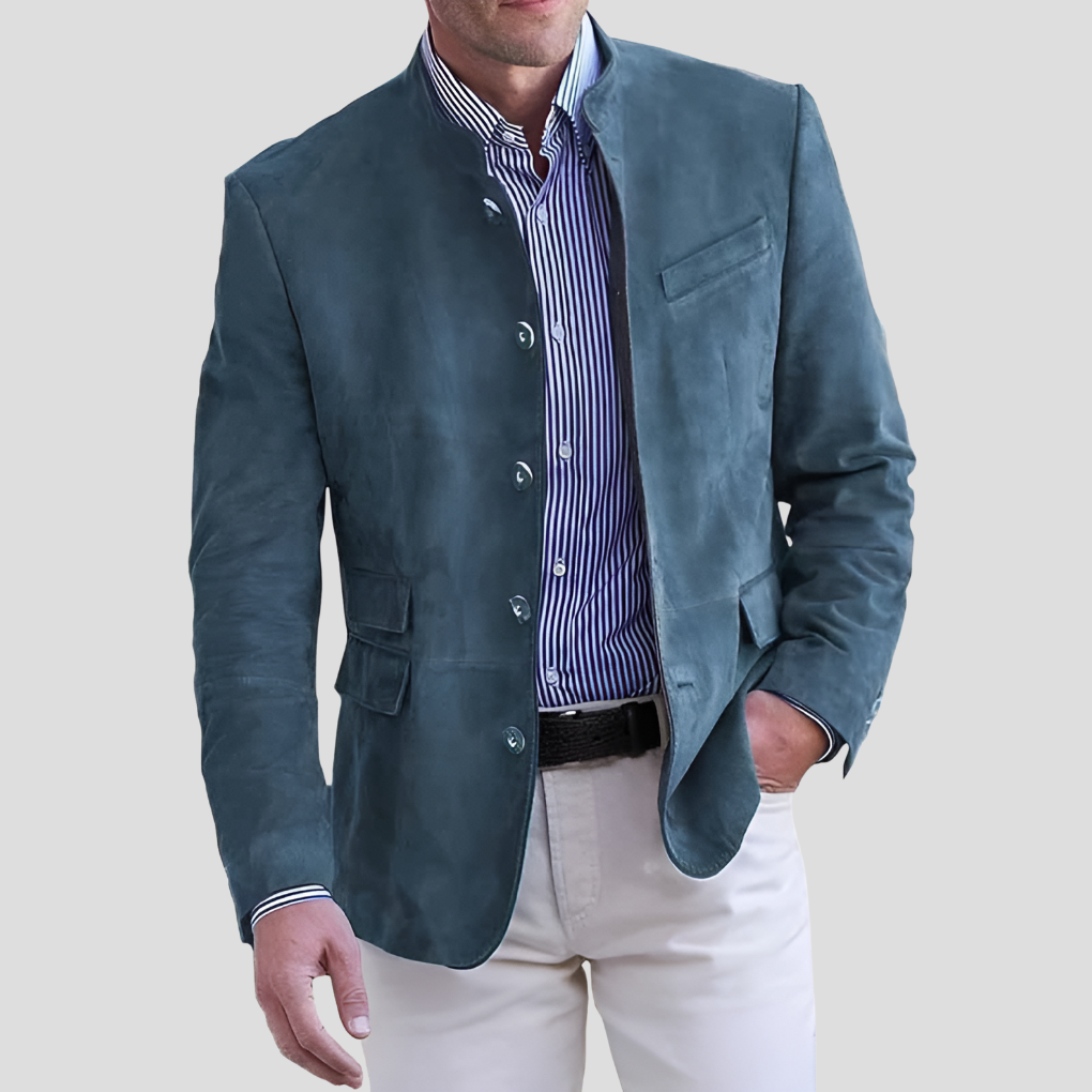 Gray women's stylish mid-season button-up jacket, stand collar, tailored fit. Versatile casual to semi-formal outerwear.