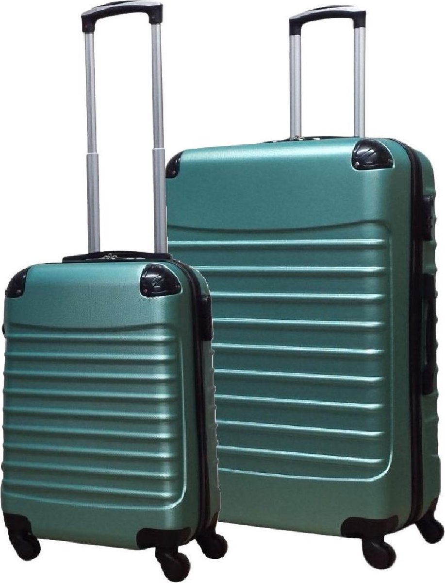 Durable green ABS hardshell 2-piece luggage set with spinner wheels, perfect for travel.
