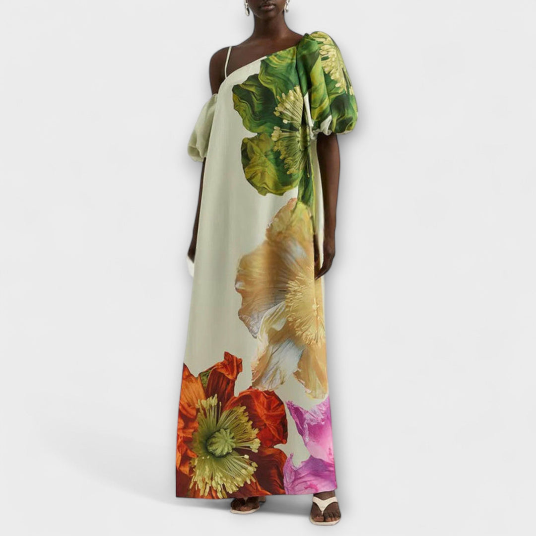 Women's elegant green floral maxi dress, ideal for special occasions or vacation, featuring an asymmetrical neckline.