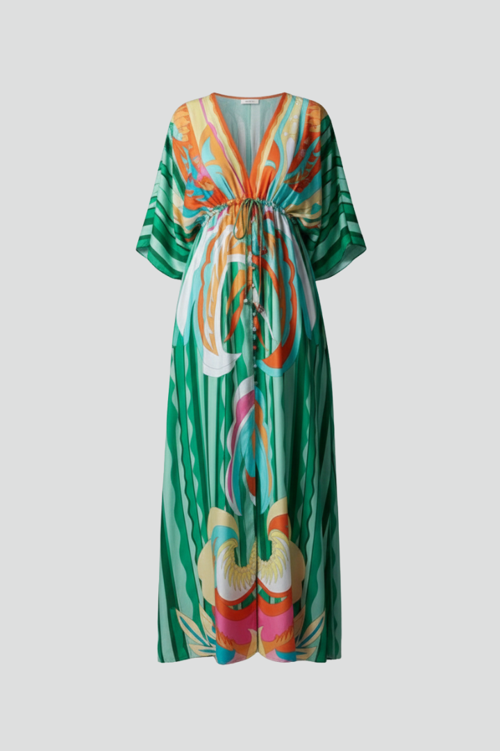 Green flowy V-neck maxi dress with adjustable tie waist & elegant batwing sleeves for women.