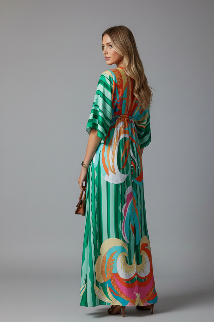 Apricot batwing sleeve maxi dress with V-neck & adjustable tie waist. Perfect women's flowy style.