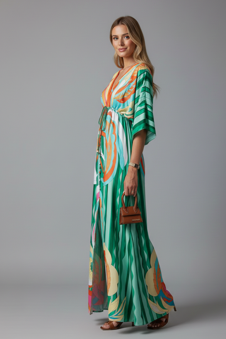 Light green casual women's flowy maxi dress with V-neck, tie waist & elegant batwing sleeves.
