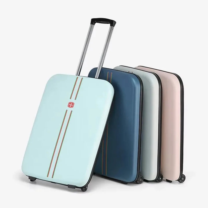 Green foldable hard shell luggage. Durable, space-saving travel suitcase for easy storage & airport travel.
