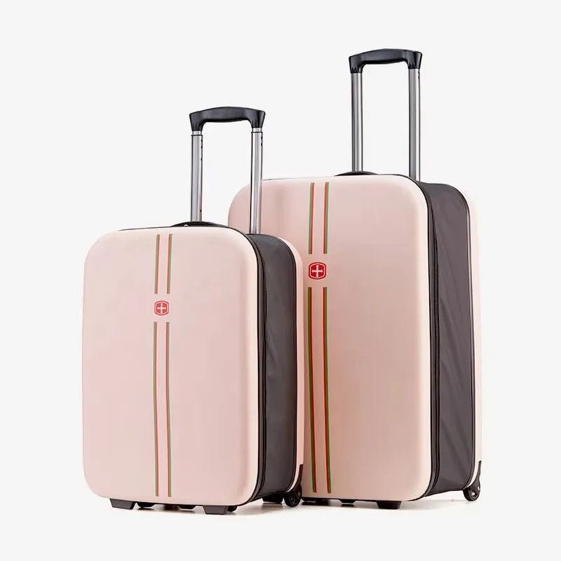 Pink space-saving foldable hard shell luggage, perfect for easy storage and travel convenience.