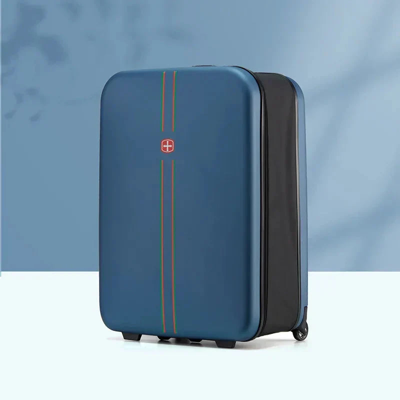 Green unisex foldable hard shell luggage. Durable, expandable, and space-saving travel suitcase.