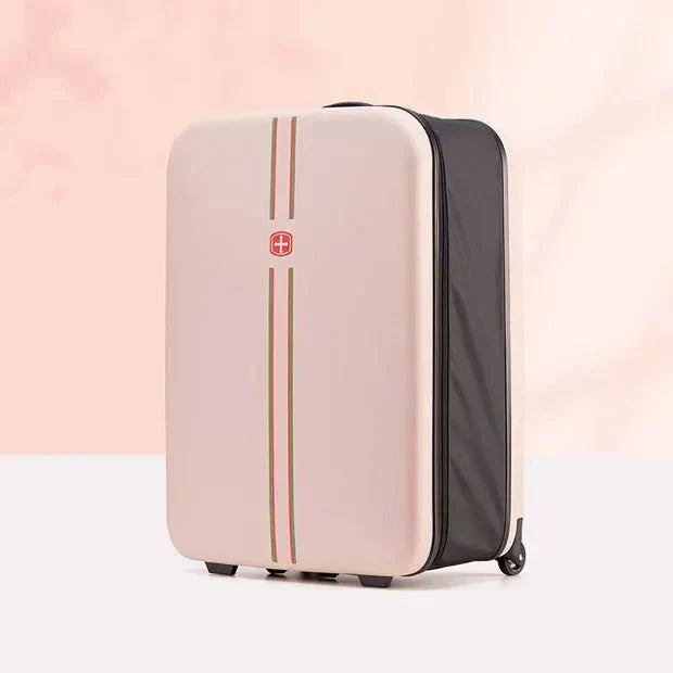Blue foldable hard shell carry-on suitcase. Space-saving and durable for convenient short trips.