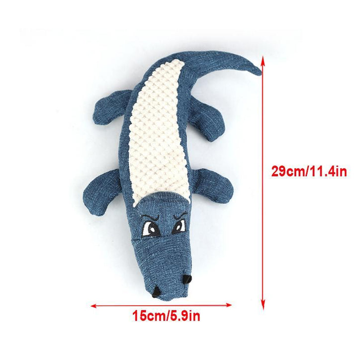 Packaging of the Pet Crocodile Squeaking Chew Toy, highlighting its features as a chew & squeaky toy