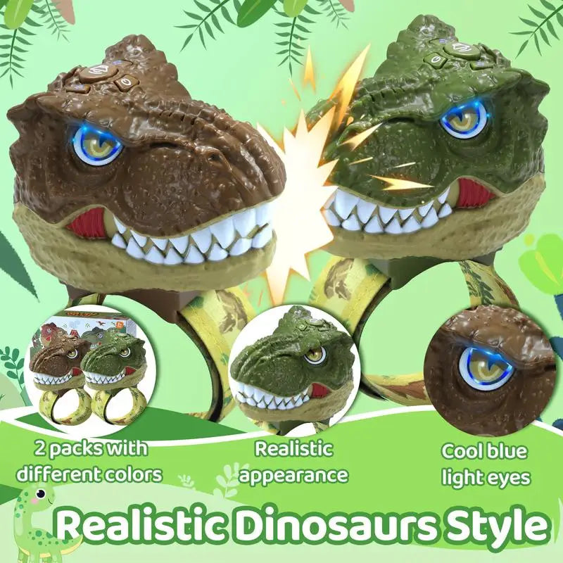 Two kids playing outdoors with their fun, wearable dinosaur walkie talkies, communicating during a backyard adventure.