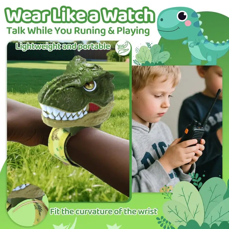 Close-up of a child's hand wearing a vibrant T-Rex shaped walkie talkie, ready for imaginative outdoor communication.