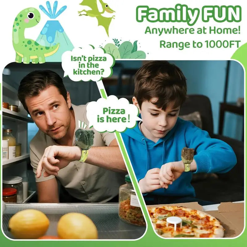 Bright green dinosaur walkie talkies on a white background, showcasing the RexTalker set for kids' communication toys.