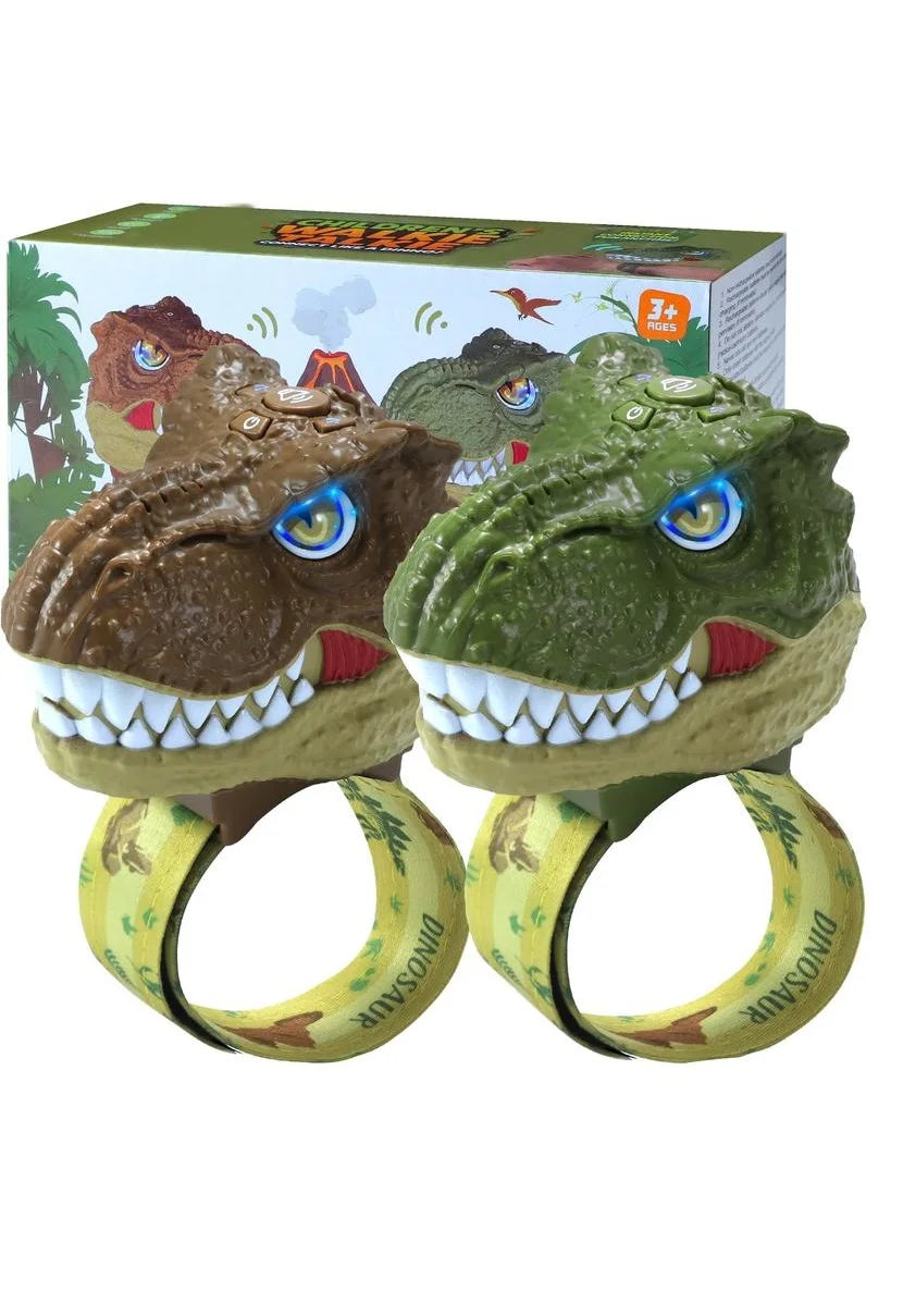 Child wearing a cool T-Rex walkie talkie wrist unit, exploring with friends, enhancing communication during playtime adventures.