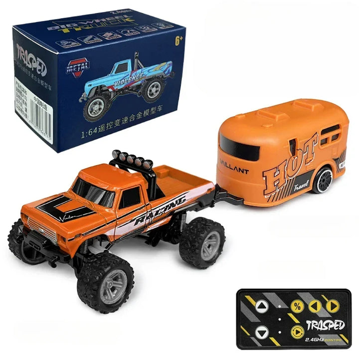 Kids' green all-terrain mini RC car, a powerful remote control crawler truck designed for off-road fun.