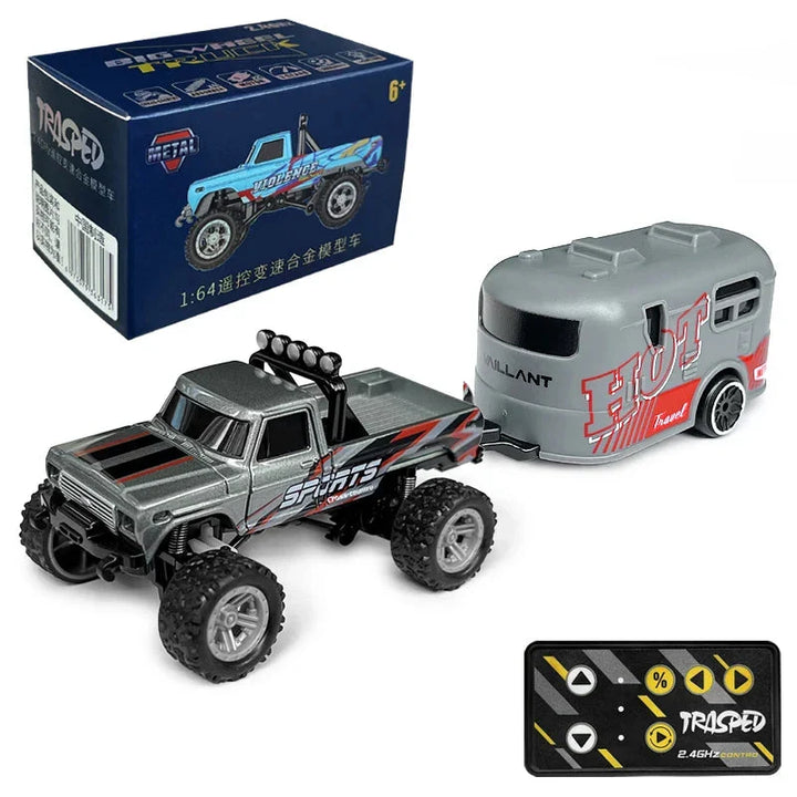 Green mini RC crawler truck tackling obstacles, an all-terrain remote control toy for kids' adventurous play.