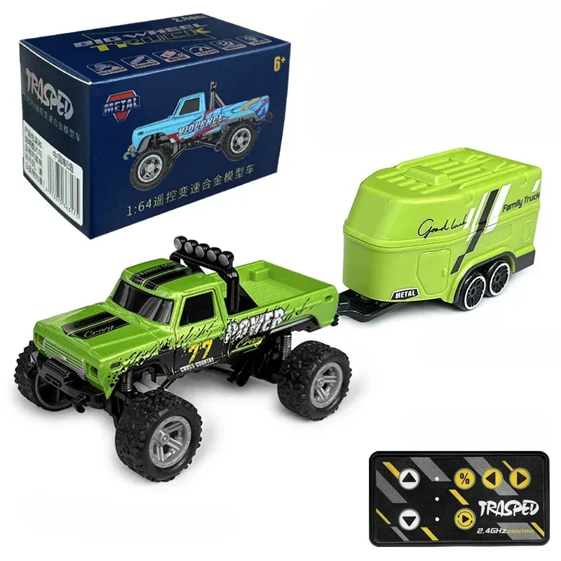 Green rechargeable kids' all-terrain mini RC crawler truck, a remote control off-road toy for fun.