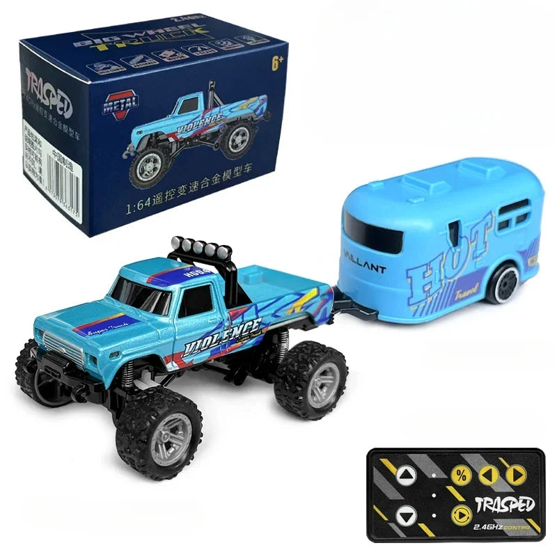 Close-up of green TrailRex mini RC crawler, an all-terrain remote control truck ready for kids' adventures.