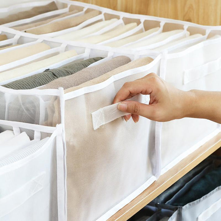 Foldable mesh drawer inserts for clothes, white with visible stitching, space-saving solution