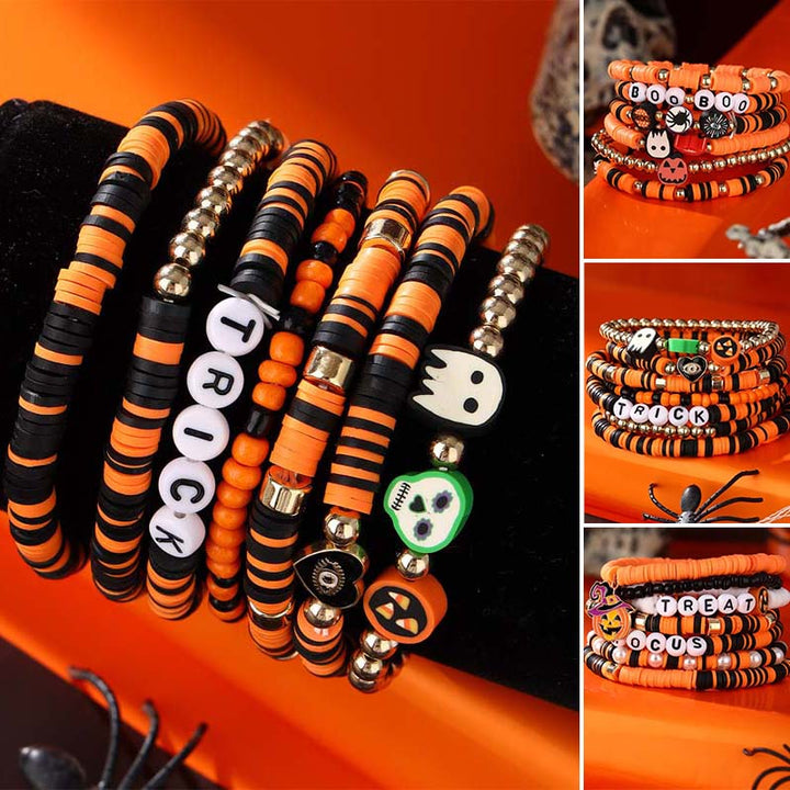 Halloween beaded bracelet set with ghost and pumpkin charms. Spooky unisex clay jewelry.