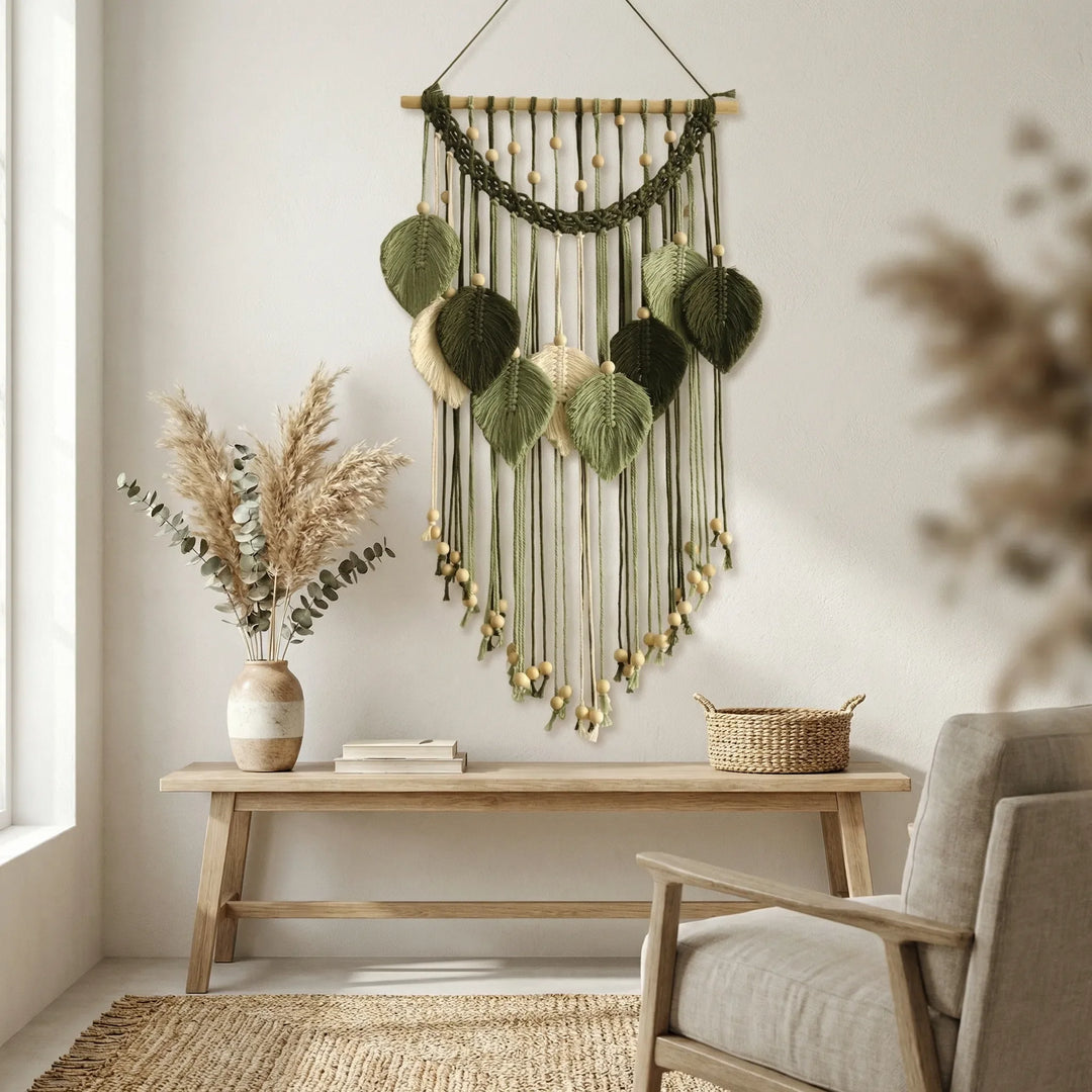 Handcrafted bohemian leaf wall hanging, textured natural decor. Perfect for living room or bedroom wall art.