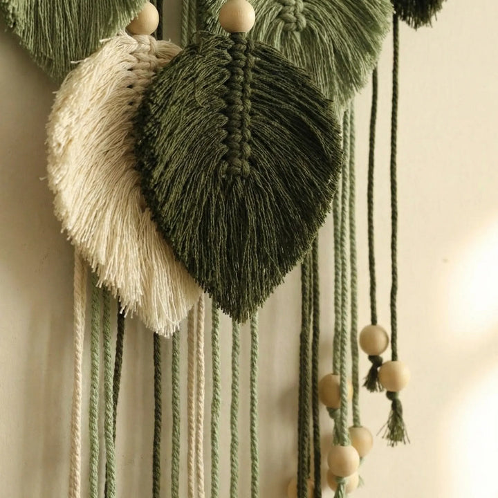 Bohemian leaf wall hanging, handcrafted natural decor for a serene bedroom, nursery, or reading nook.