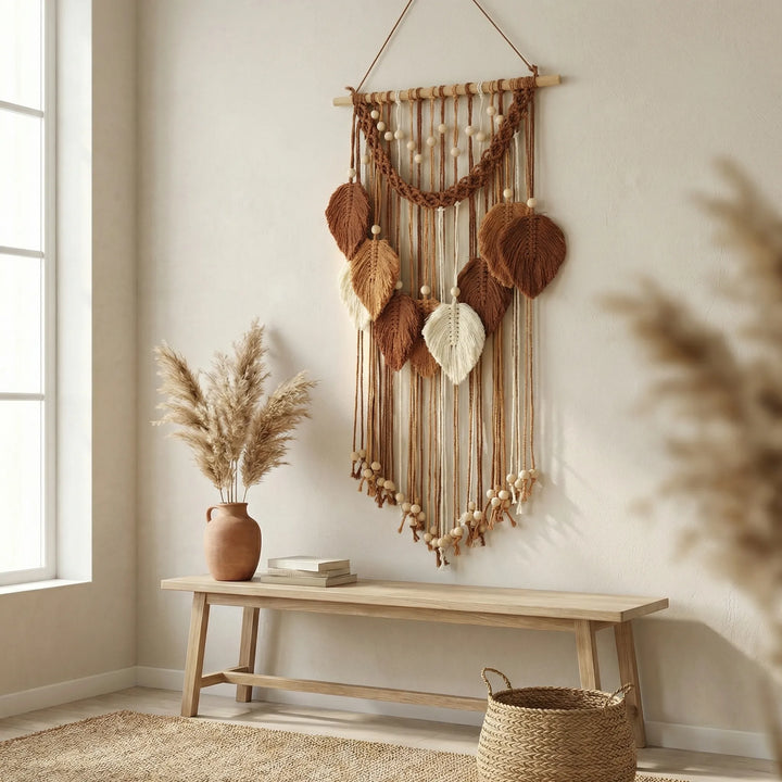 Beautiful handcrafted leaf design wall hanging, textured and natural, enhancing modern bohemian home decor.