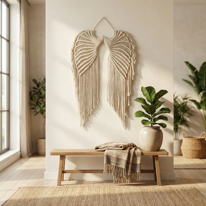 Handcrafted bohemian macrame wall hanging decor with wing design, perfect for peaceful, neutral home textile art.