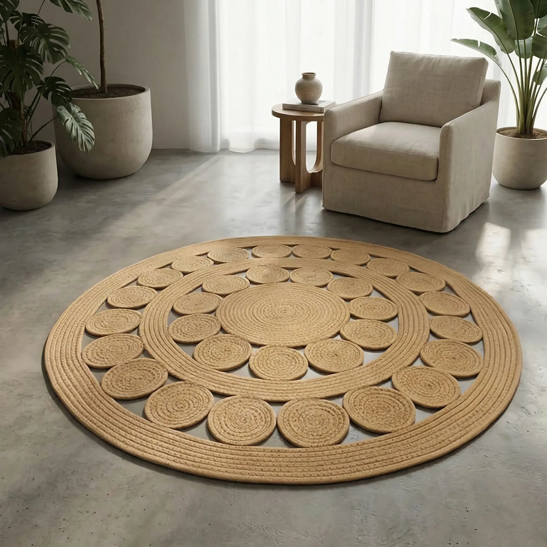 Handcrafted Flowique round accent rug with modern wave design. Perfect for living room or bedroom decor, slip-resistant.