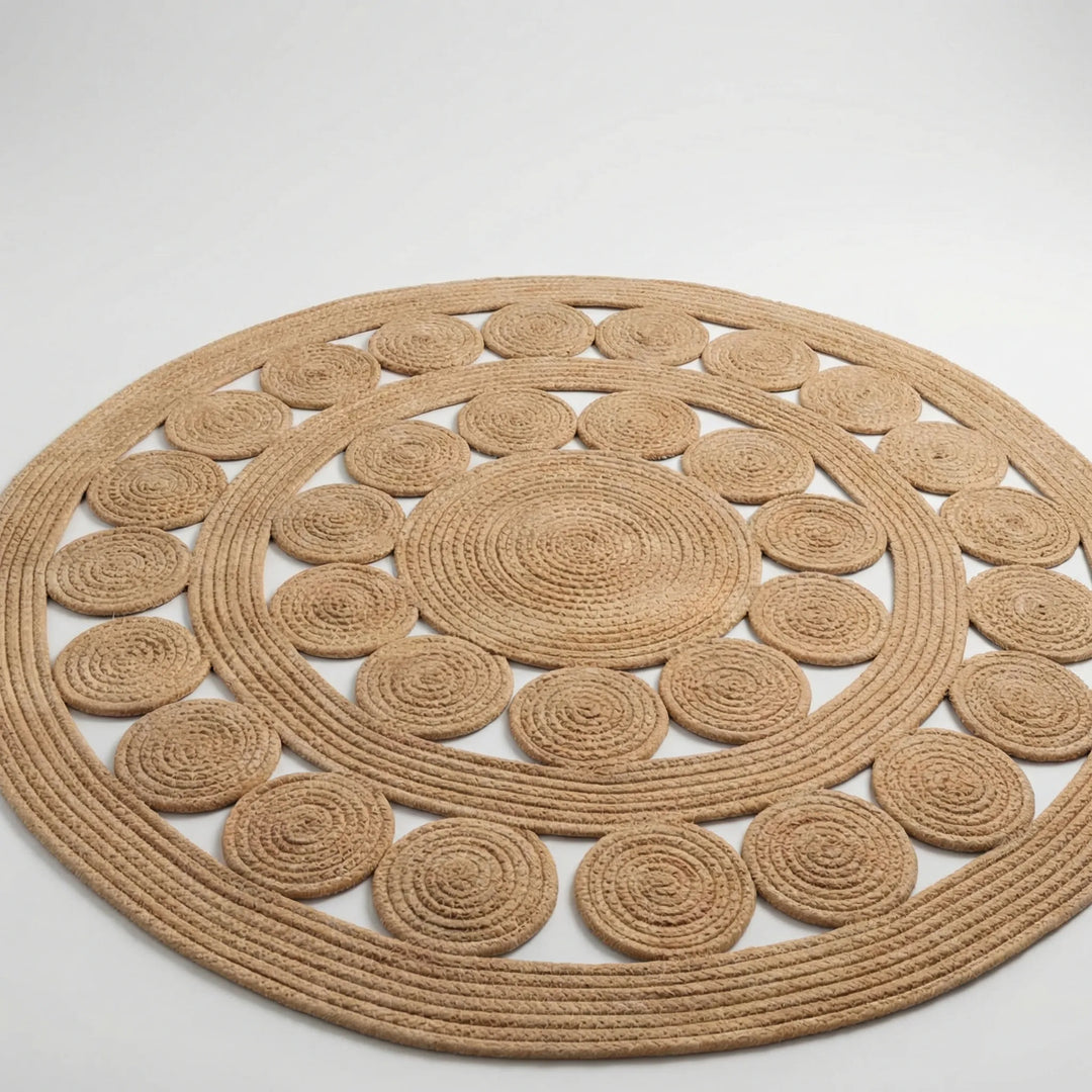 Close-up of a handcrafted round Flowique area rug showcasing its unique geometric wave pattern for modern homes.