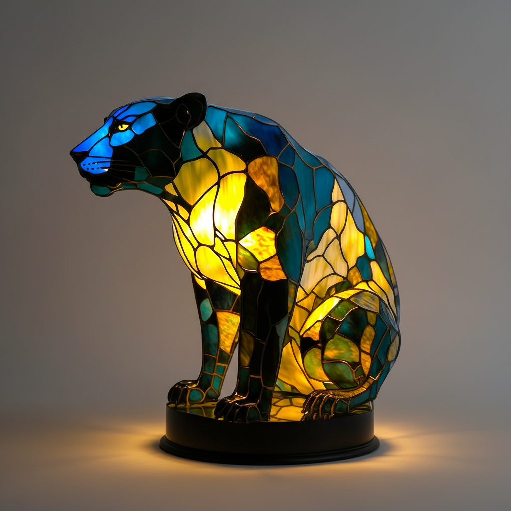 Handcrafted animal head lamp with intricate mosaic detail, providing warm ambient light.