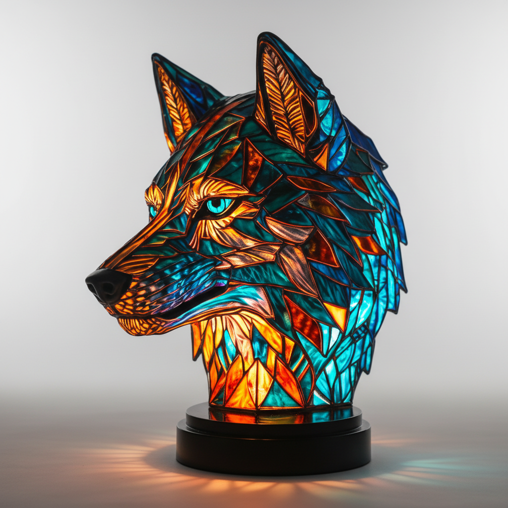 Gleaming mosaic animal head table lamp, a sculptural and decorative piece for ambient light.
