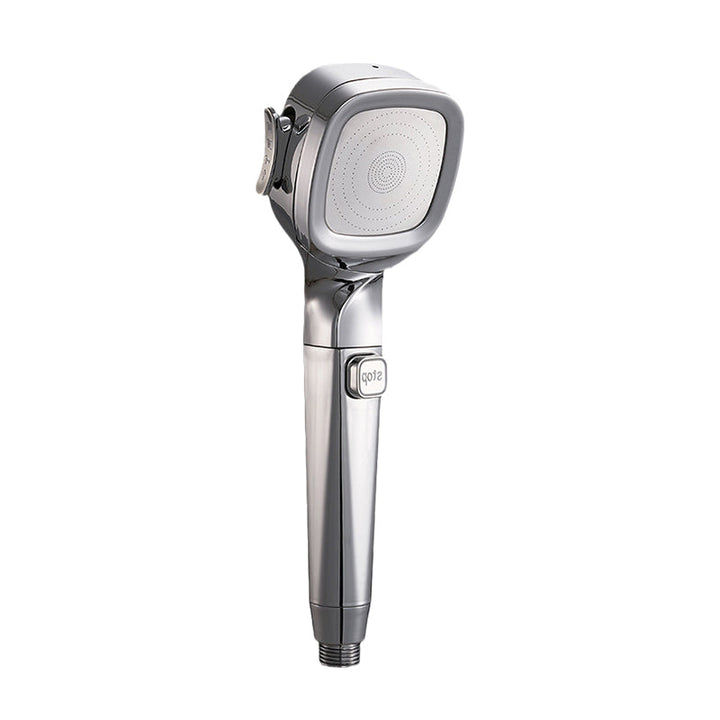 Overview of the handheld pressurized shower head kit, including the hose and a pause switch for installation.
