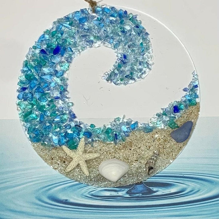 Handmade ocean wave sea glass suncatcher, blue and green beach ornament for window decor