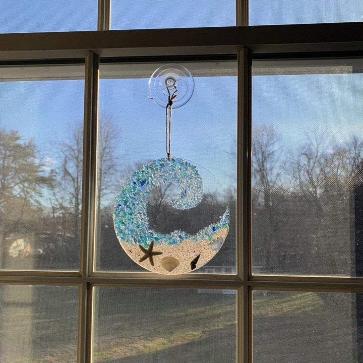 Acrylic ocean wave suncatcher with sea glass, coastal decor art for windows and homes