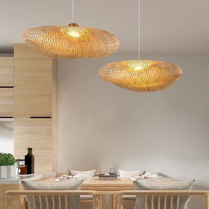 Handmade rattan pendant lamp, natural woven boho ceiling light fixture for home decor.