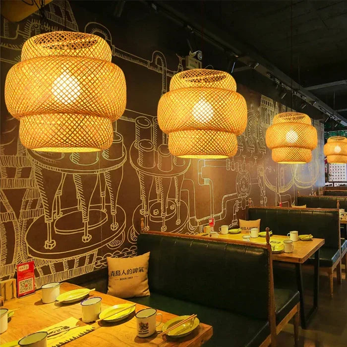 Natural rattan pendant lamp, handcrafted woven ceiling light ideal for bohemian decor styles.
