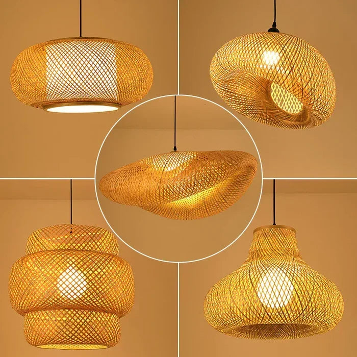 Boho style rattan pendant lamp, natural woven ceiling fixture for modern home lighting solutions.